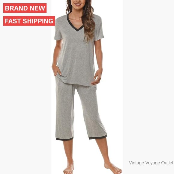 Large Modal Pajama Set with Pockets V-Neck Top and Capri Pants